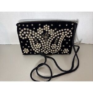 Vintage Kane M Pearl Black‎ and gold clutch bag/purse Quiet Luxury Cottage Core
